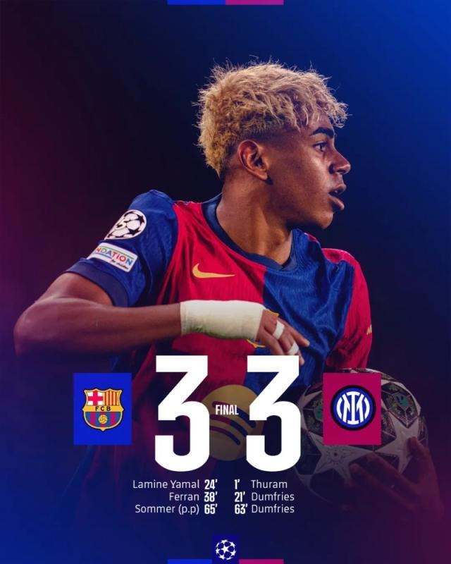 必一运动-【欧冠】巴萨3比3国米！邓福双响，亚马尔破门+两中框